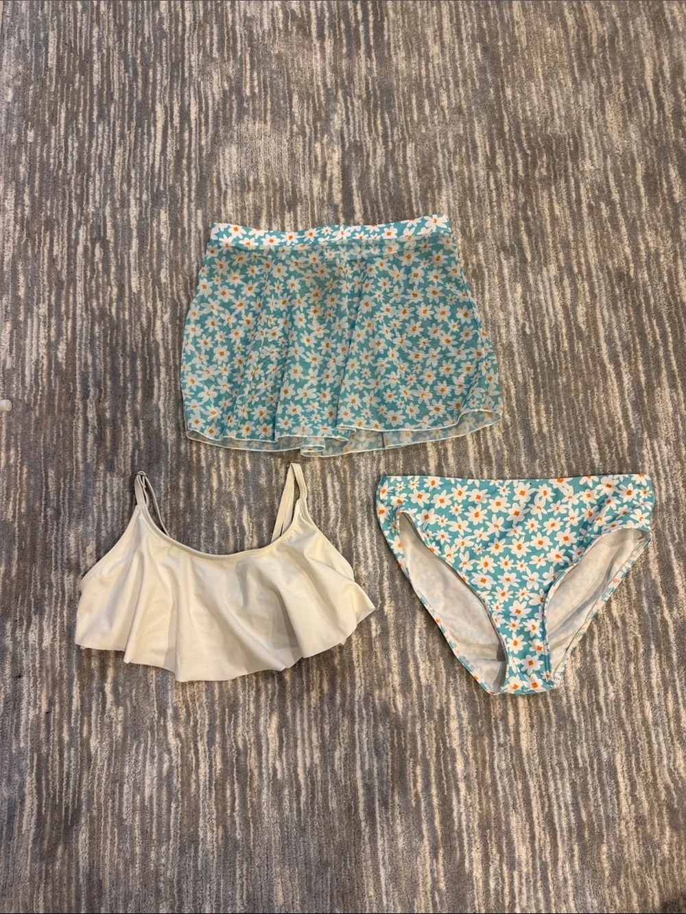 Girls' Aqua Daisy Skirted Bikini Set with White Ruffle Top